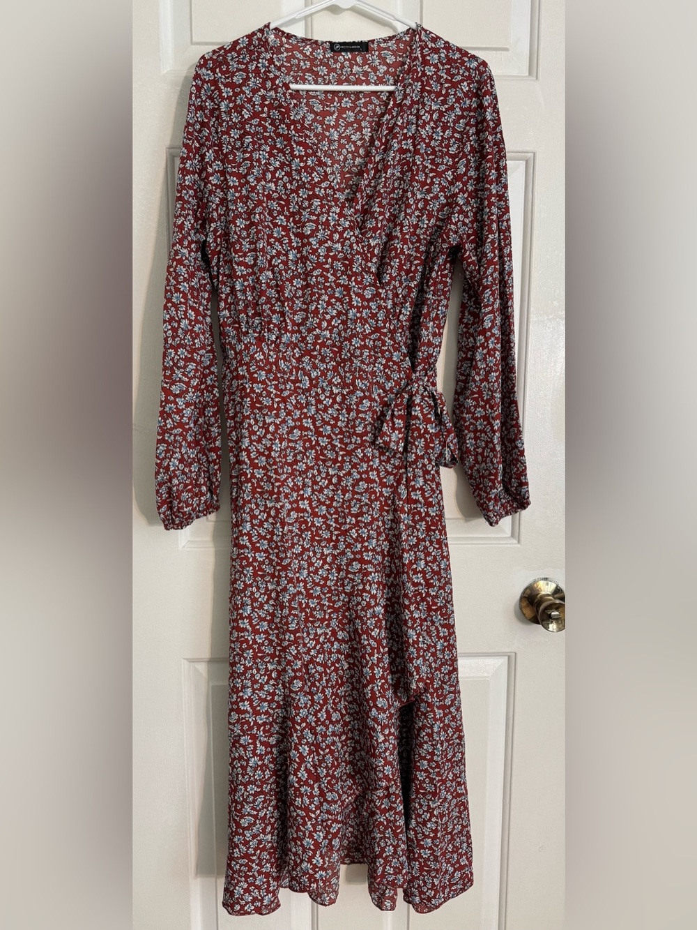 PrettyGarden Floral Tiered Wrap Maxi Dress in Red with Light Blue Print
